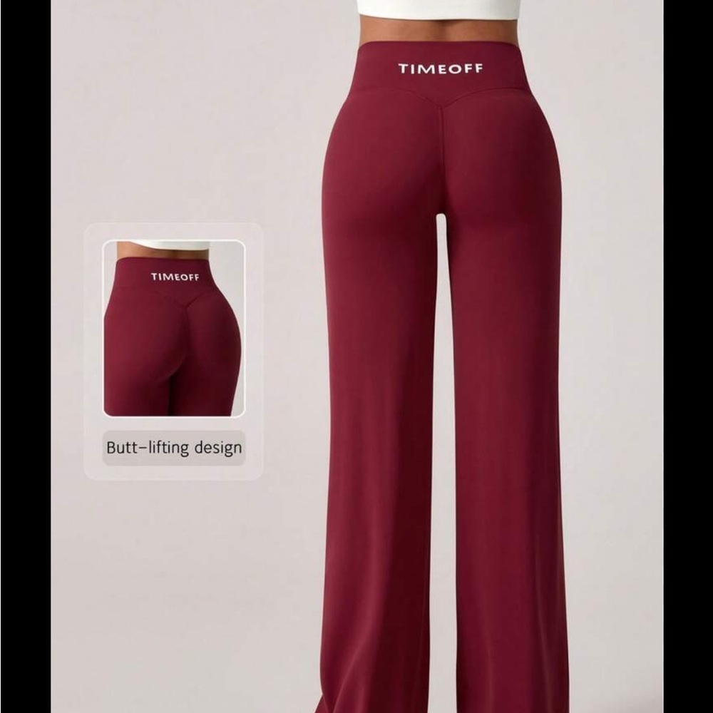Time Off Red Wide Leg Butt Lifting Wide Leg Flare Pull On Athletic Casual Pants - Picture 1 of 3